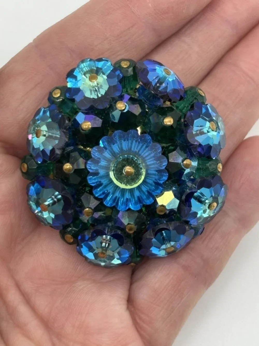 Vintage Margarita Rivoli Crystal Brooch Domed Deep Blue Aurora Borealis Unsigned